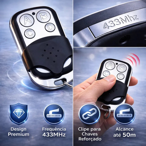 Kit 3 Controle Remoto Universal 4 Botões Para Portão Eletrônico Automatico Alarme Cerca Elétrica 433mhz Chrome Technology