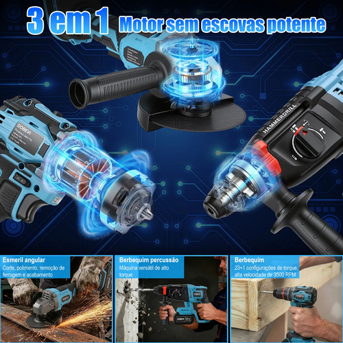 Kit 3 Em 1 Ferramentas Eletrica Furadeira Impacto 2 Bateria