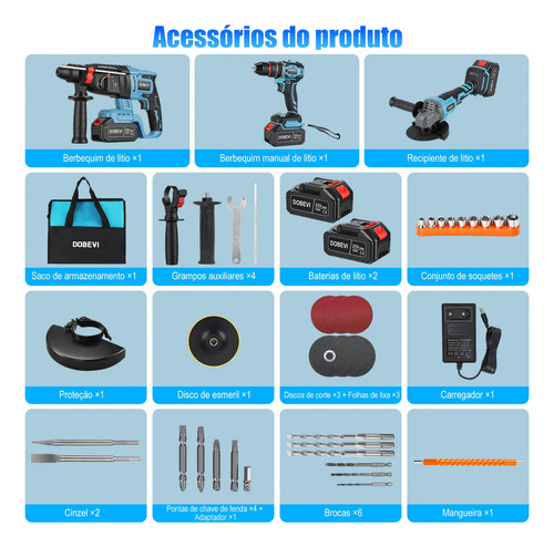 Kit 3 Em 1 Ferramentas Eletrica Furadeira Impacto 2 Bateria