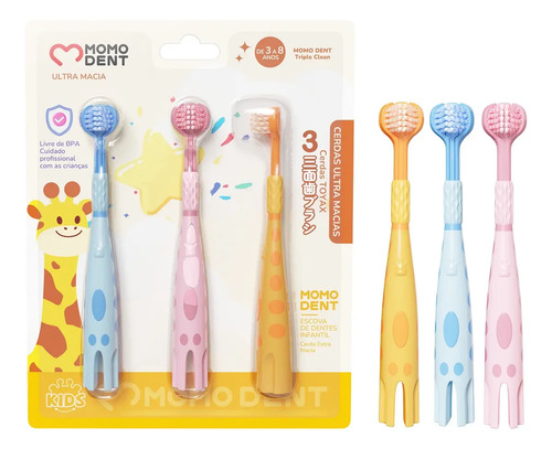 Kit 3 escova dental infantil girafa 3 a 8 anos