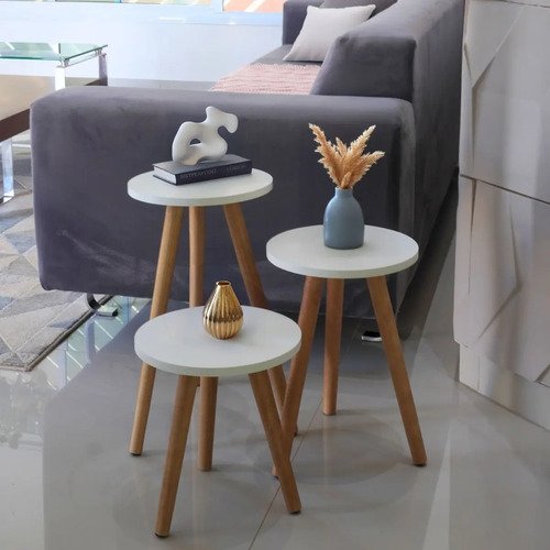 Kit 3 mesinhas redonda pe palito retro trio mesas decorativo