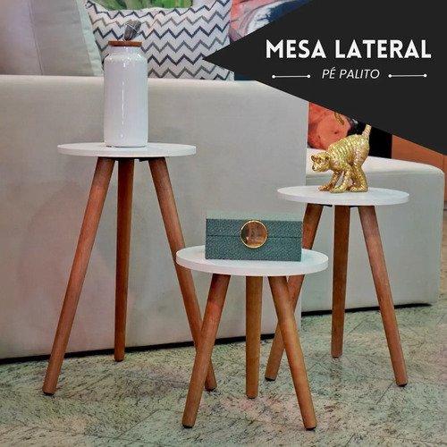 Kit 3 Mesinhas Redonda Pé Palito Retro Trio Mesas Decorativo Acabamento Fosco Cor Branco