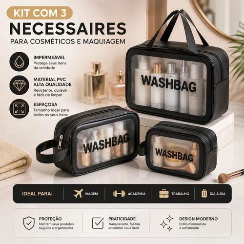 Kit 3 Necessaires Organizadoras Impermeáveis para Viagem, de PVC e com Zíper, Azul – Tche Amo