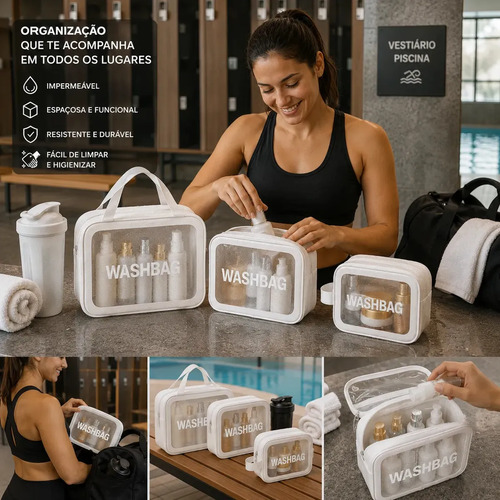Kit 3 Necessaires Organizadoras Impermeáveis para Viagem, de PVC e com Zíper, Azul – Tche Amo