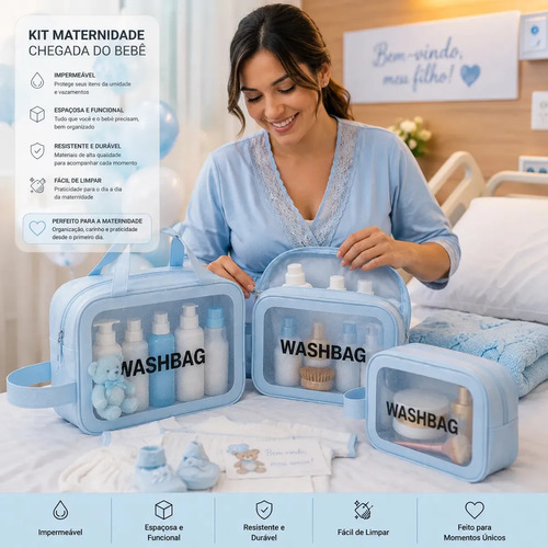 Kit 3 Necessaires Organizadoras Impermeáveis para Viagem, de PVC e com Zíper, Azul – Tche Amo