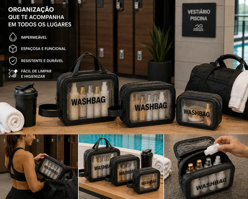 Kit 3 Necessaires Organizadoras Impermeáveis para Viagem, de PVC e com Zíper, Azul – Tche Amo