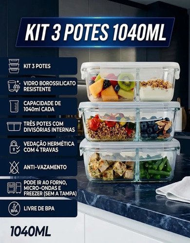 Kit 3 potes de vidro 1040ml com divisoria e tampa hermetica