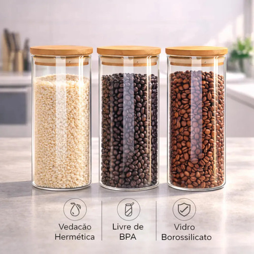 Kit 3 potes de vidro hermeticos com tampa de bambu de 1 litr