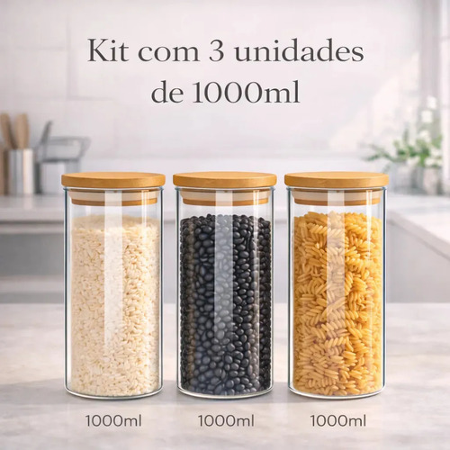 Kit 3 Potes De Vidro Herméticos Com Tampa De Bambu De 1 Litro Para Mantimentos Alimentos Grãos Café Massas Cereais Cozinha Com Vedação Hermética Vidro Borossilicato Bpa Free Transparente