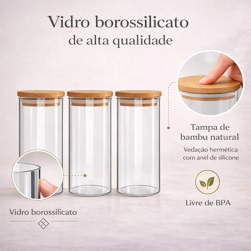 Kit 3 Potes De Vidro Herméticos Com Tampa De Bambu De 1 Litro Para Mantimentos Alimentos Grãos Café Massas Cereais Cozinha Com Vedação Hermética Vidro Borossilicato Bpa Free Transparente