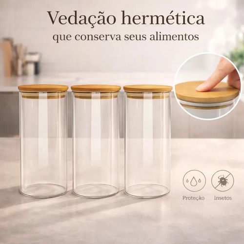 Kit 3 Potes De Vidro Herméticos Com Tampa De Bambu De 1 Litro Para Mantimentos Alimentos Grãos Café Massas Cereais Cozinha Com Vedação Hermética Vidro Borossilicato Bpa Free Transparente