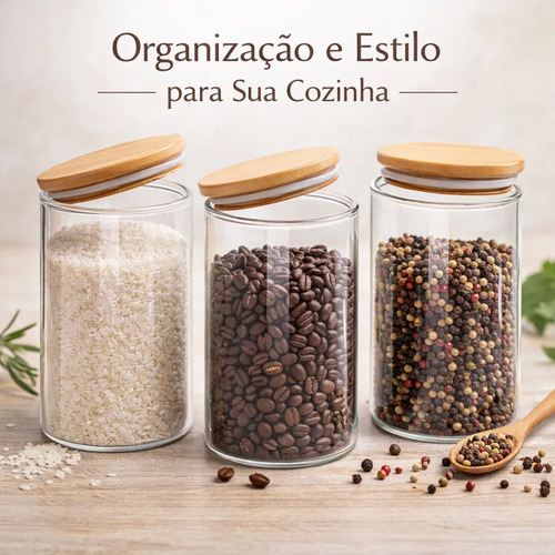Kit 3 Potes De Vidro Herméticos Com Tampa De Bambu De 1 Litro Para Mantimentos Alimentos Grãos Café Massas Cereais Cozinha Com Vedação Hermética Vidro Borossilicato Bpa Free Transparente