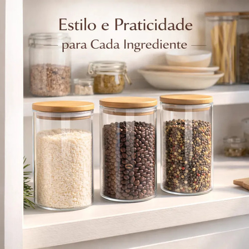 Kit 3 Potes De Vidro Herméticos Com Tampa De Bambu De 1 Litro Para Mantimentos Alimentos Grãos Café Massas Cereais Cozinha Com Vedação Hermética Vidro Borossilicato Bpa Free Transparente