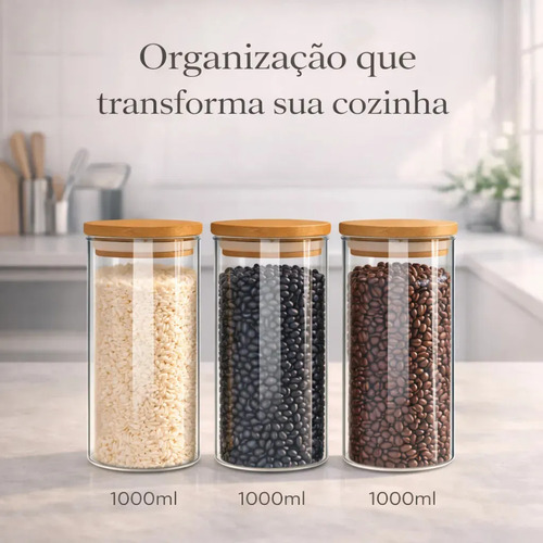 Kit 3 Potes De Vidro Herméticos Com Tampa De Bambu De 1 Litro Para Mantimentos Alimentos Grãos Café Massas Cereais Cozinha Com Vedação Hermética Vidro Borossilicato Bpa Free Transparente