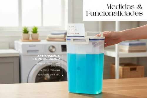 Kit 3 Potes Dispenser Hermético 2l Multiuso Lavanderia Porta Sabão Em Pó Com Copo Medidor Bico Dosador E Travas