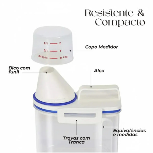 Kit 3 Potes Dispenser Hermético 2l Multiuso Lavanderia Porta Sabão Em Pó Com Copo Medidor Bico Dosador E Travas