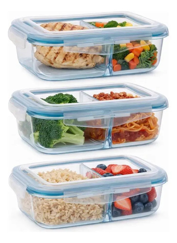 Kit 3 Potes Marmita Vidro Hermético 1040ml C/ Divisória Free Freezer Microondas Forno