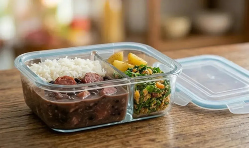 Kit 3 Potes Marmita Vidro Hermético 1040ml C/ Divisória Free Freezer Microondas Forno