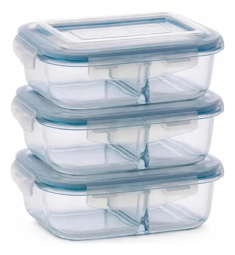 Kit 3 Potes Marmita Vidro Hermético 1040ml C/ Divisória Free Freezer Microondas Forno