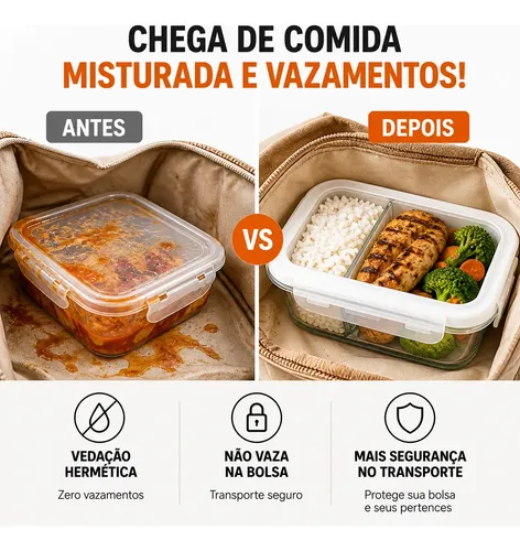 Kit 3 Potes Vidro 640ml Divisória Hermético Marmita Forno