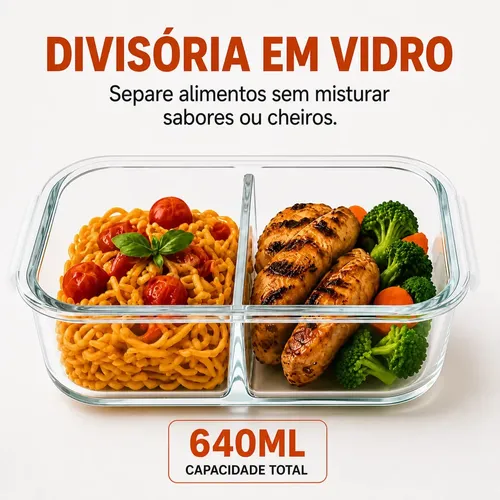 Kit 3 Potes Vidro 640ml Divisória Hermético Marmita Forno