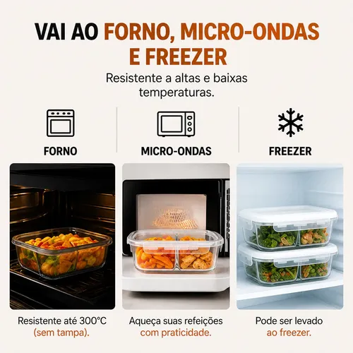 Kit 3 Potes Vidro 640ml Divisória Hermético Marmita Forno