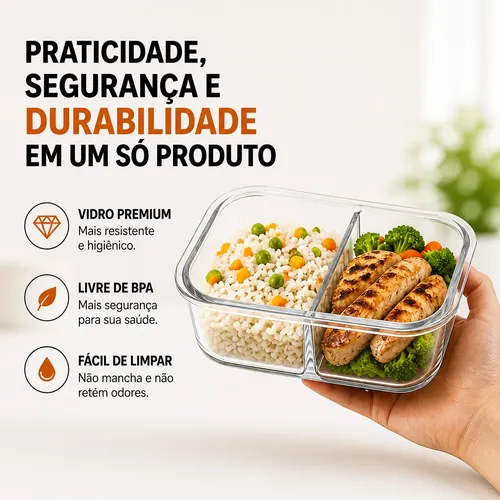 Kit 3 Potes Vidro 640ml Divisória Hermético Marmita Forno