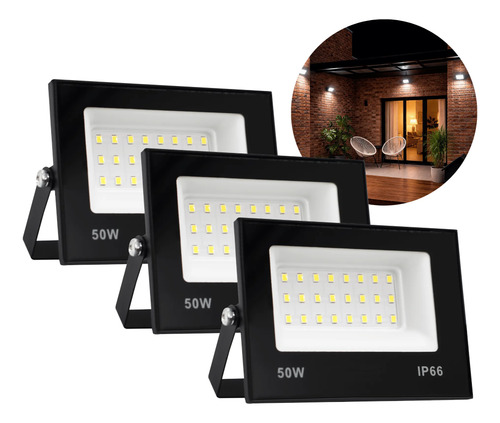 Kit 3 refletor led 50w holofote bivolt prova dagua frio