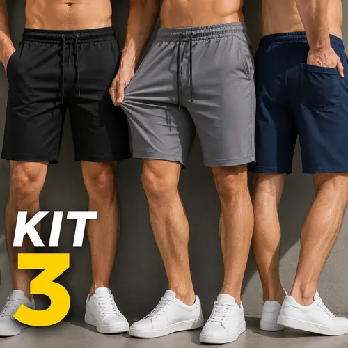 Kit 3 short bermuda masculino elastano academia casual bolso