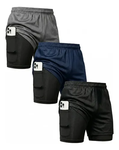 Kit 3 shorts 2 em 1 duplo bolso para academia treino corrida 1