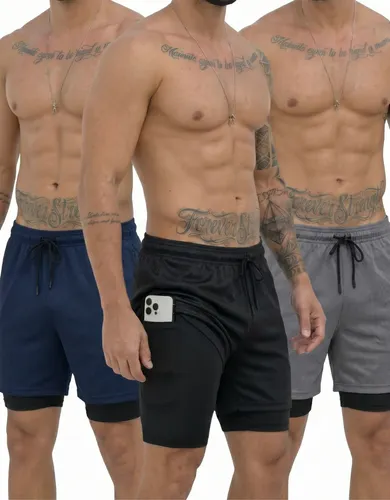 Kit 3 shorts 2 em 1 duplo bolso para academia treino corrida