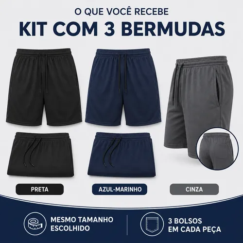 Kit 3 Shorts Bermuda Masculina Tactel Com Elastano Academia