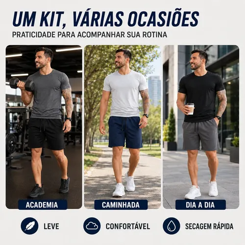 Kit 3 Shorts Bermuda Masculina Tactel Com Elastano Academia