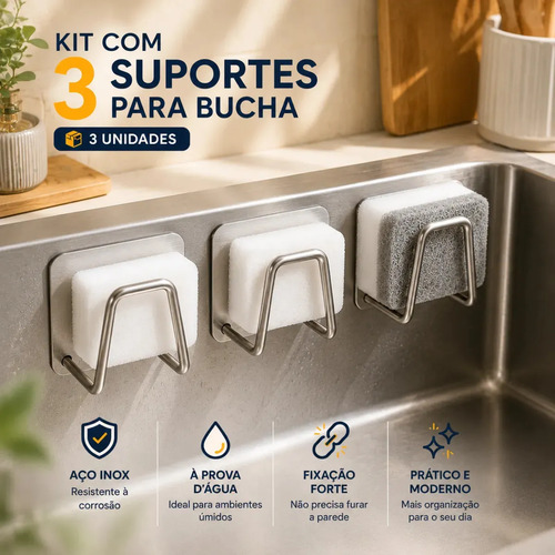 Kit 3 suporte porta bucha esponja para pia cozinha organizad