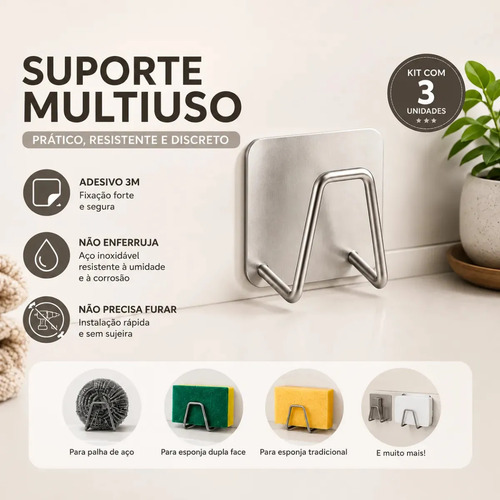 Kit 3 Suporte Porta Bucha Esponja Para Pia Cozinha Organizador Com Gancho Aço Inox Prata