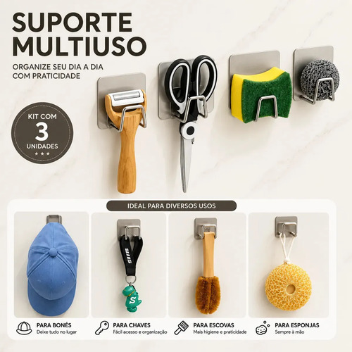 Kit 3 Suporte Porta Bucha Esponja Para Pia Cozinha Organizador Com Gancho Aço Inox Prata