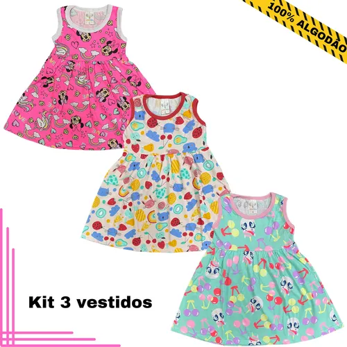 Kit 3 Vestido Regata Aquarela Baby Infantil Menina Algodão