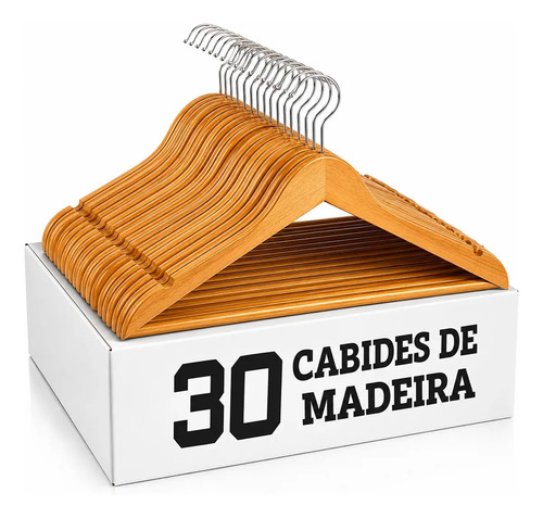 Kit 30 cabide de madeira adulto grande antideslizante slim m