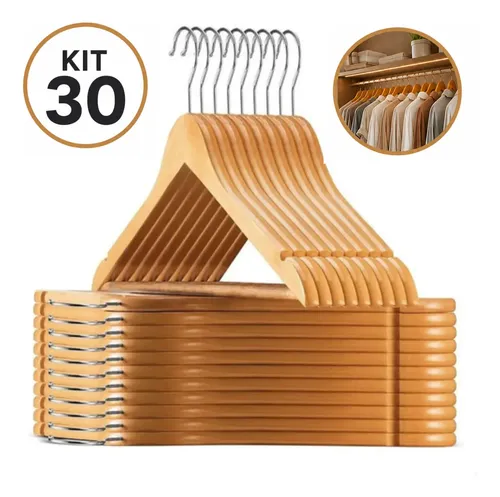 Kit 30 cabides de madeira com barra antideslizante marfim