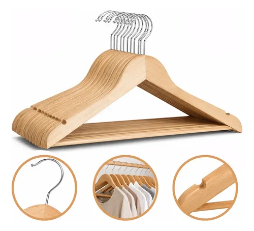 Kit 30 Cabides De Madeira Com Barra Antideslizante Marfim