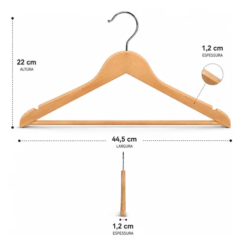 Kit 30 Cabides De Madeira Com Barra Antideslizante Marfim