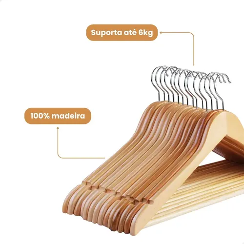 Kit 30 Cabides De Madeira Com Barra Antideslizante Marfim