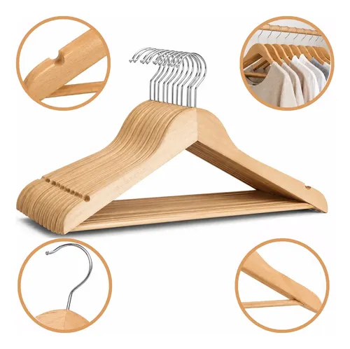Kit 30 Cabides De Madeira Com Barra Antideslizante Marfim