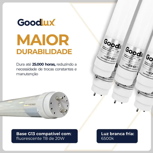 Kit 30 Lampada Led 18w T8 Tubular 120cm Branco Frio Goodlux Luz
