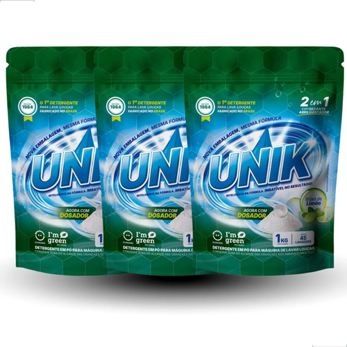 Kit 3un sabao detergente secante maquina lava louca 1kg unik