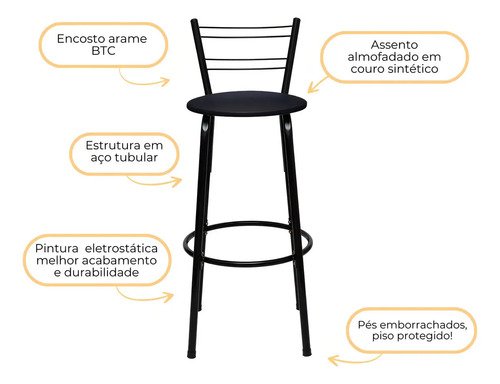 Kit 4 Banquetas Itagold Florida Top Alta Cozinha Americana Bar Balcão Alto Estrutura Preta Atlanta Cor Assento Preto 90cm