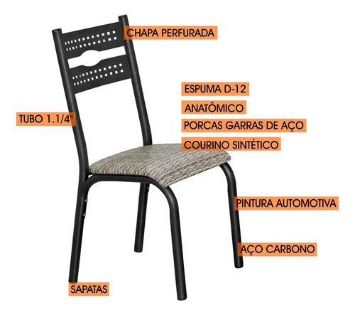 Kit 4 Cadeiras Jantar Ciplafe Luna Tubo Craqueado Preto Assento Junco Manteiga