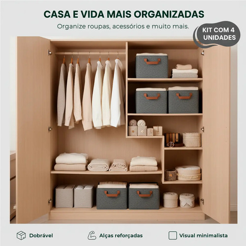 Kit 4 Caixas Cesto Organizadora Grande Dobrável Guarda Roupa Gaveta Mesas Banheiro Cor Cinza