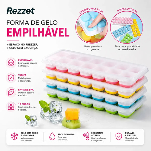 Kit 4 Formas de Gelo Rezzet com Tampa e Fundo Flexível em Silicone