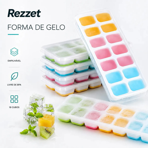 Kit 4 Formas de Gelo Rezzet com Tampa e Fundo Flexível em Silicone